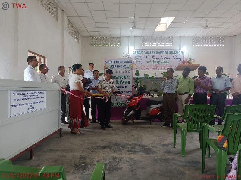 The Assam Valley Baptist Mission (AVBM) celebrated its 17th Foundation Day at its Nakachari HQ today with Rev O Yashi Jamir, Pastor, Sungkomen Baptist Church, Mokokchung as speaker. The programme started with dedication of a Scooty and bed linen kit box financed and sponsored by Sungkomen Baptist Church. A silent prayer was observed in honour of late Imsu Jamir, AVBM founder Adviser, late Rev Lima Jamir, Pastor, Kumlong Baptist Church, late Amos Dimbu, Pastor of Gabharoo Grant Baptist Church and late Temjenmenla of Tekameri Mission.